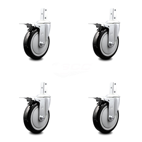 5 Inch Black Poly Wheel Swivel 7/8 Inch Square Stem Caster Set Total Lock Brake